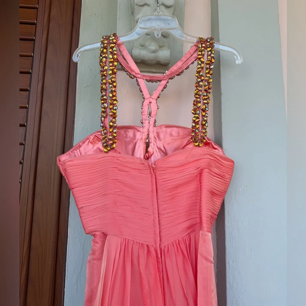 Vintage Salmon Pink Prom Coral Chiffon Dress Beaded Statement Sweetheart 2014 - Picture 6 of 8